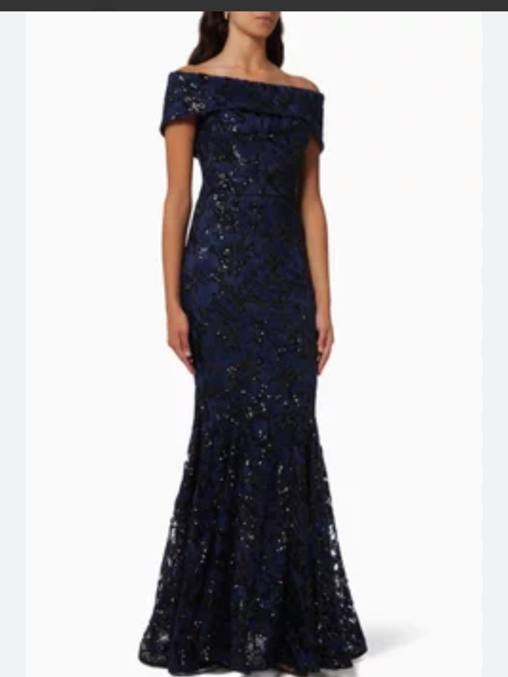 Nicole Bakti Off-Shoulder Navy Lace Maxi Gown